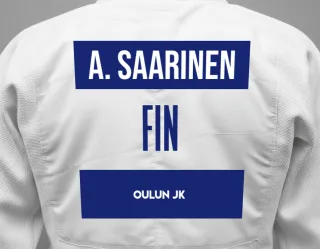 Judo GI with a backnumber showing the name Aarni Saarinen from Oulun JK