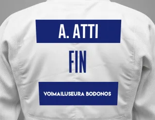 Judo GI with a backnumber showing the name Aatos Atti from Voimailuseura Bodonos