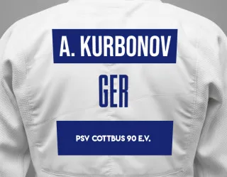 Judo GI with a backnumber showing the name Abdurazok Kurbonov from PSV Cottbus 90 e.V.