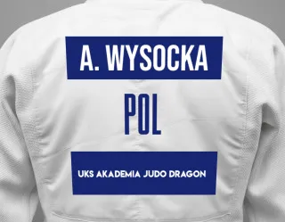 Judo GI with a backnumber showing the name Abigail Wysocka from UKS Akademia Judo Dragon