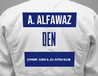 Judo GI with a backnumber showing the name Adam Alfawaz from Lyngby Judo & Ju-Jutsu Klub