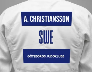 Judo GI with a backnumber showing the name Adam Christiansson from Göteborgs Judoklubb