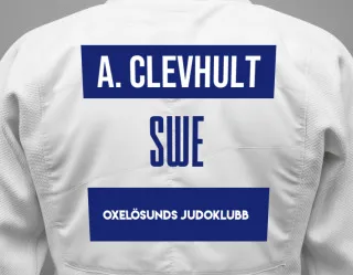Judo GI with a backnumber showing the name Adam Clevhult from Oxelösunds Judoklubb