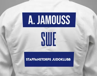 Judo GI with a backnumber showing the name Adam Jamouss from Staffanstorps Judoklubb