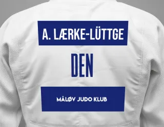 Judo GI with a backnumber showing the name Adam Lærke-Lüttge from Måløv Judo Klub