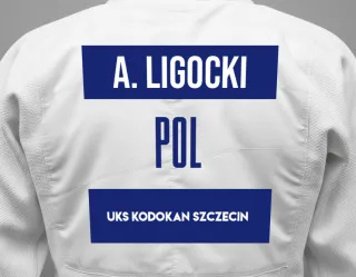 Judo GI with a backnumber showing the name Adam Ligocki from UKS Kodokan Szczecin