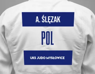 Judo GI with a backnumber showing the name Adam ślęzak from UKS Judo Mysłowice