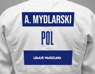 Judo GI with a backnumber showing the name Adam Mydlarski from Lemur Warszawa