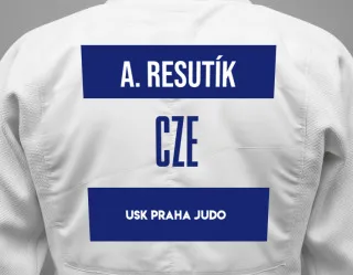 Judo GI with a backnumber showing the name Adam Resutík from USK Praha Judo
