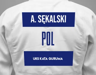 Judo GI with a backnumber showing the name Adam Sękalski from UKS KATA GURUMA