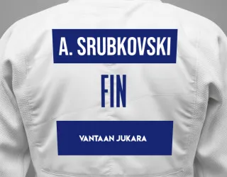 Judo GI with a backnumber showing the name Adam Srubkovski from Vantaan Jukara