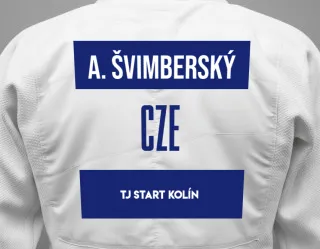 Judo GI with a backnumber showing the name Adam švimberský from TJ START KOLÍN
