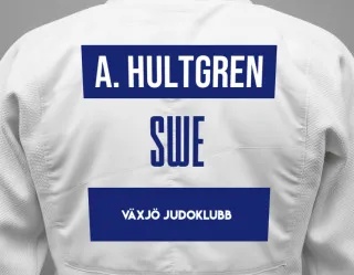 Judo GI with a backnumber showing the name Adrian Hultgren from Växjö Judoklubb