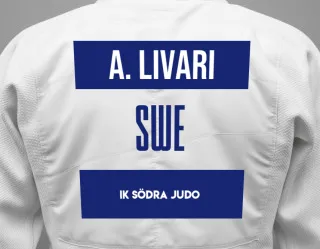 Judo GI with a backnumber showing the name Adrian Livari from IK Södra Judo