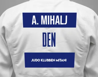 Judo GI with a backnumber showing the name Adrian Mihalj from Judo Klubben Mitani