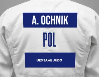 Judo GI with a backnumber showing the name Adrian Ochnik from UKS Same Judo