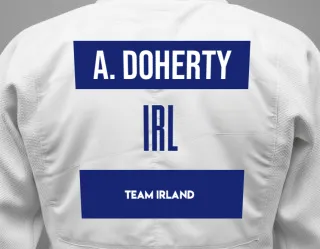Judo GI with a backnumber showing the name Aedan Doherty from Team Irland