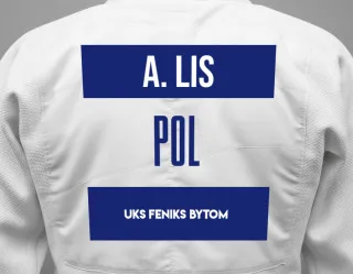 Judo GI with a backnumber showing the name Agata Lis from UKS FENIKS Bytom