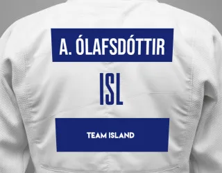 Judo GI with a backnumber showing the name Agla ósk ólafsdóttir from Team Island