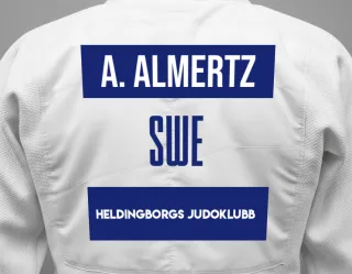 Judo GI with a backnumber showing the name Agnes Almertz from Heldingborgs Judoklubb