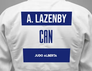 Judo GI with a backnumber showing the name Aidan Scott Lazenby from Judo Alberta