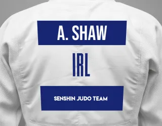 Judo GI with a backnumber showing the name Aidan Shaw from Senshin Judo Team