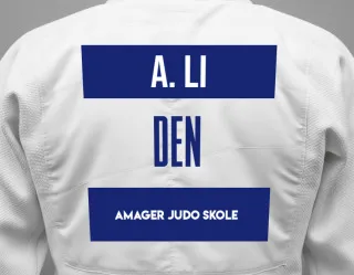 Judo GI with a backnumber showing the name Aiden B. Li from Amager Judo Skole