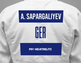 Judo GI with a backnumber showing the name Aidyn Sapargaliyev from PSV Neustrelitz