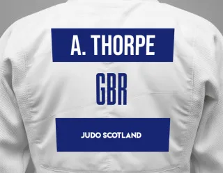 Judo GI with a backnumber showing the name Aimee Thorpe from Judo Scotland