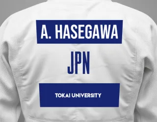 Judo GI with a backnumber showing the name Akinobu Hasegawa from Tokai University