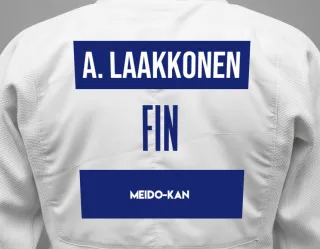 Judo GI with a backnumber showing the name Aku Laakkonen from Meido-Kan