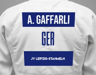 Judo GI with a backnumber showing the name Al-Huseyn Gaffarli from JV Leipzig-Stahmeln