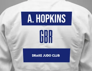 Judo GI with a backnumber showing the name Alanna Hopkins from Drake Judo Club