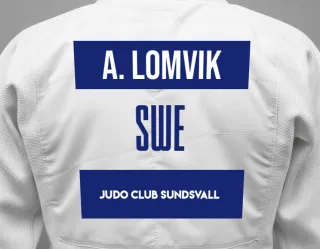 Judo GI with a backnumber showing the name Albin Lomvik from Judo Club Sundsvall