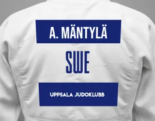 Judo GI with a backnumber showing the name Albin Mäntylä from Uppsala judoklubb