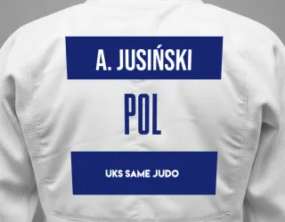 Judo GI with a backnumber showing the name Aleksander Jusiński from UKS Same Judo