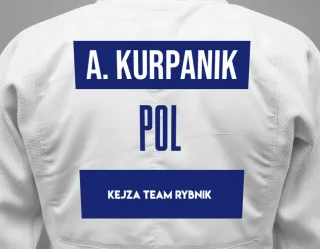 Judo GI with a backnumber showing the name Aleksander Kurpanik from Kejza Team Rybnik