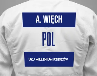 Judo GI with a backnumber showing the name Aleksander Więch from UKJ Millenium Rzeszów