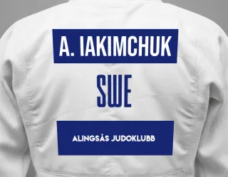Judo GI with a backnumber showing the name Aleksandr Iakimchuk from Alingsås Judoklubb