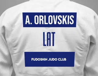 Judo GI with a backnumber showing the name Aleksandrs Orlovskis from FUDOSHIN Judo Club