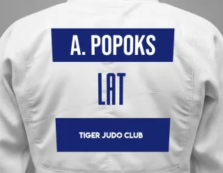 Judo GI with a backnumber showing the name Aleksandrs Popoks from Tiger Judo Club