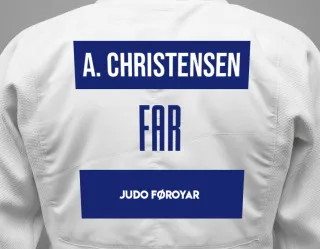 Judo GI with a backnumber showing the name Aleksandur Christensen from Judo Føroyar