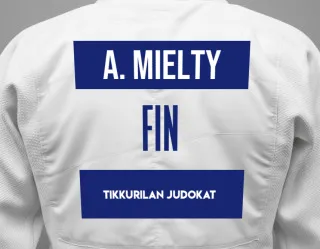 Judo GI with a backnumber showing the name Aleksi Mielty from Tikkurilan Judokat