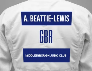 Judo GI with a backnumber showing the name Alex Beattie-Lewis from Middlesbrough judo club