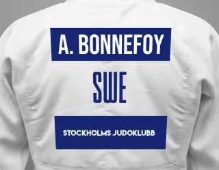 Judo GI with a backnumber showing the name Alexander Bonnefoy from Stockholms Judoklubb