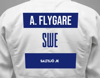 Judo GI with a backnumber showing the name Alexander Flygare from Saltsjö JK