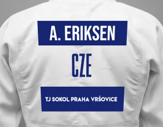 Judo GI with a backnumber showing the name Alexander Jonas Eriksen from TJ Sokol Praha Vršovice