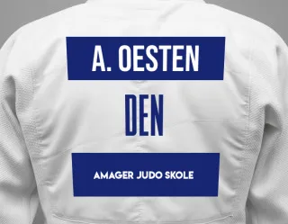 Judo GI with a backnumber showing the name Alexander Kjær Oesten from Amager Judo Skole