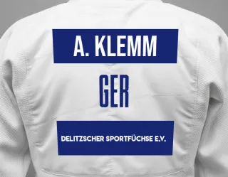 Judo GI with a backnumber showing the name Alexander Klemm from Delitzscher Sportfüchse e.V.