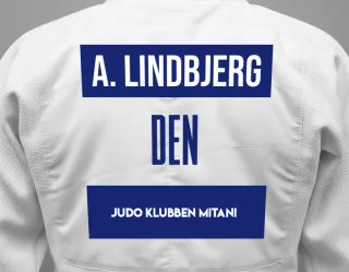 Judo GI with a backnumber showing the name Alexander Lindbjerg from Judo Klubben Mitani